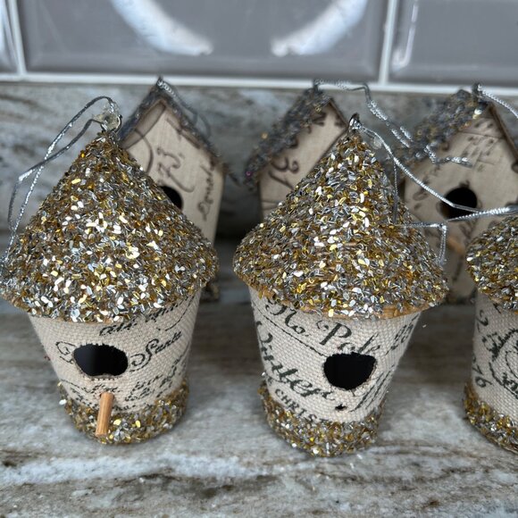 Set Of 8 Miniature Decorative Glitter Birdhouse Ornaments Printed Fabric - Picture 3 of 10